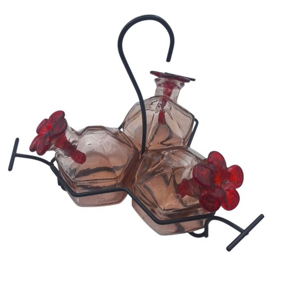 Parasol Triple Hummingbird Feeder Pink Glass Metal Holder Hanging Vintage Flower - Picture 10 of 10